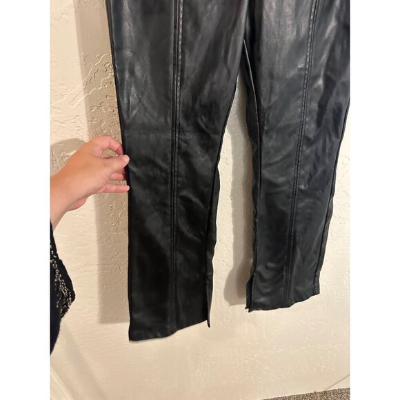 Cider High Rise Black Moto Style Faux Leather Bellbottom Slit Pants - Picture 4 of 11